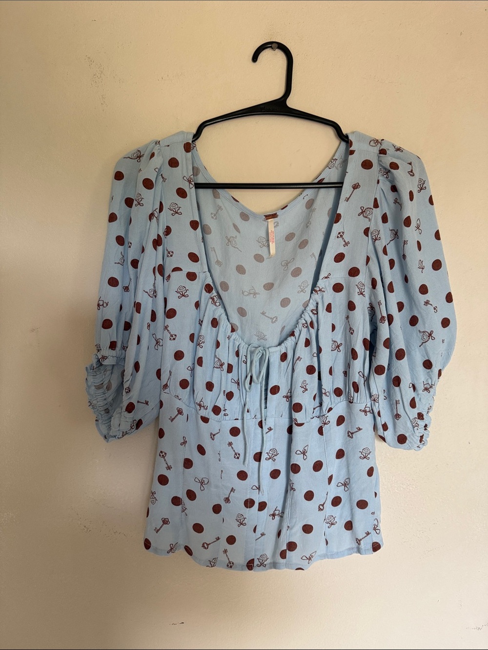 Free People Light Blue + brown Polka Dot Peasant Blouse with Tie Front